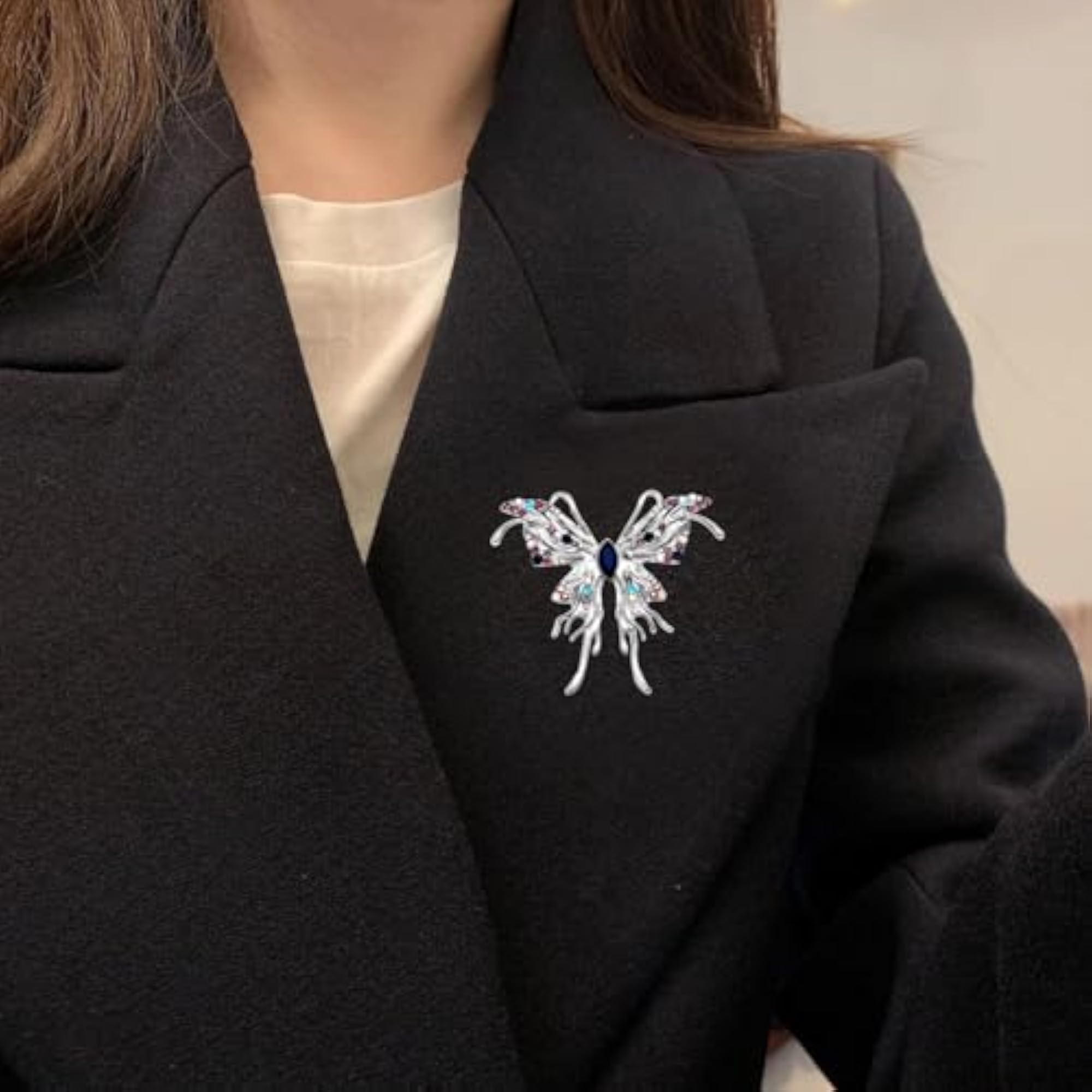 Silver Plated Crystals Butterfly Brooch, Saree Pin