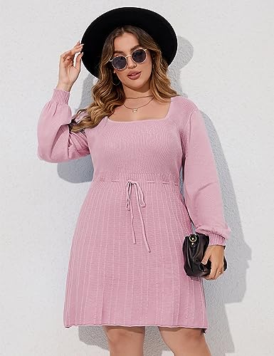 Image of Women's Plus Size Casual Sweater Dress Square Neck Long Lantern Sleeve Tie Waist Loose Pullover Sweater Dresses