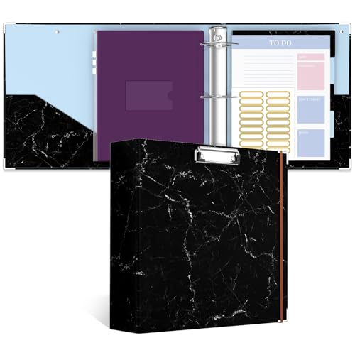 Image of 3 Ring Binder, 3 Inches Round Ring Binder with Clipboard, Dividers Tabs, PVC Zipper Bag Sleeves & to Do List Planners for Women, Men, School, Office Supplies, Black Marble