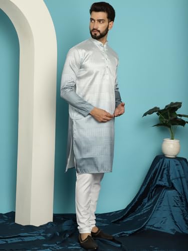 Image of SOJANYA (Since 1958, Men's Jacquard Silk Multi Shade Sequinned & White Pyjama Set