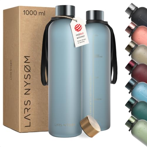Image of LARS NYSOM Water Bottle 34oz | Drinking Bottle 1 Liter | Ultralight Tritan Sports Flask leak-proof | Ideal for sports, office, yoga | 2 lids included (Blue /Gold, 33.9oz)