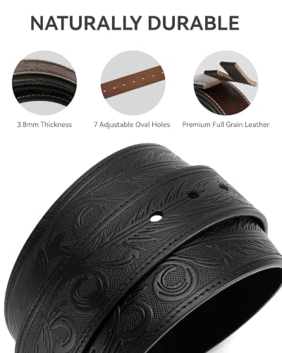 Image of CHAOREN Western Belts for Men without Buckle, 1.5 inch Full Grain Leather Strap | Cowboy Country Mexican Style, Tooled & Smooth, Secure Snap Design, Interchangeable Buckle, Gift Box