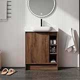 Beingnext 28' Bathroom Vanity with Ceramic Sink, 28 Inch Modern Freestanding Single Sink Bathroom Vanity Combo, Brown Floor Stand Storage Cabinet Set with Open Shelves