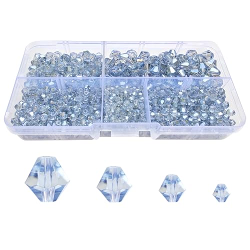Chengmu Light Blue Grey Bicone Glass Beads for Jewelry Making, Faceted Crytal Spacer Beads for Bracelet Necklace Earring (3mm 4mm 6mm 8mm Mixed Sizes, 1040pcs)