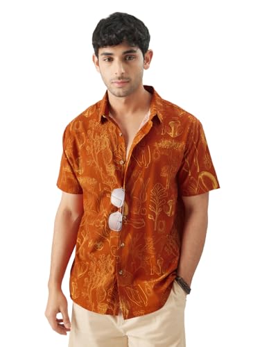 Image of The Souled Store Tropical Beat Men and Boys Short Sleeve Collared Neck Regular Fit Button Down Orange Printed Shirts