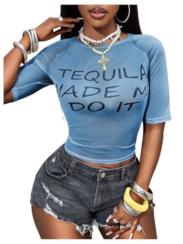 Image of RoseSeek Women's Sheer Mesh Letter Graphic Tees Short Sleeve Crew Neck Y2K Vintage Summer Going Out Crop Tops