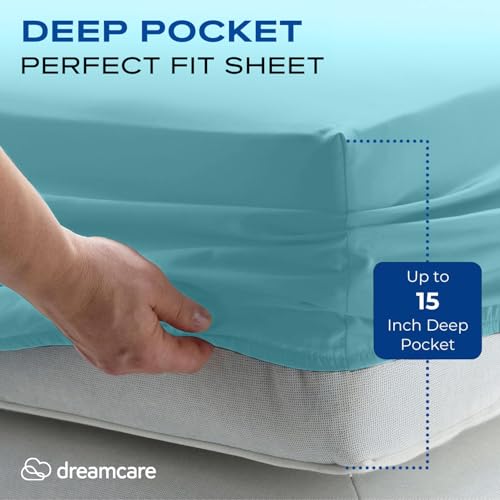 Image of DREAMCARE Full Size Sheets - Cooling Sheets - 4pcs Set - up to 15 inch Deep Pocket Full Sheet Set - Sheets Full Size Bed - Soft & Long Lasting 100% Fine Brushed Polyester with Side Pocket - Spa Blue