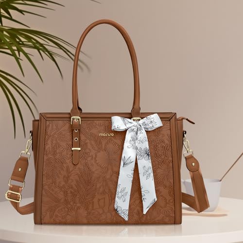Image of MOSISO Laptop Bag for Women, PU Leather Tote Bag, Front Embossed Retro Hibiscus Computer Bags with Silk Scarf&Clutch Purse