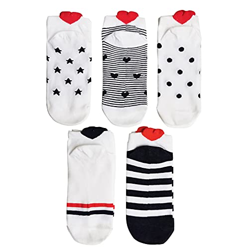 Womens 5-Pack Low Cut Socks Cute Red Heart Ankle Socks Short White Casual Lovely Free Sizes 5-9