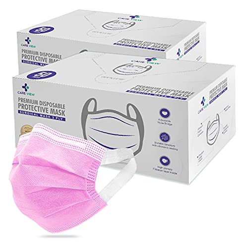 Careview N95 3 Ply Disposable Surgical Face Mask Box with FABRIC Earloop and built in Nose Pin, Certified by BFE>99% and PFE > 95%, SITRA, DRDO, ISO and CE (PINK, Pack of 400)
