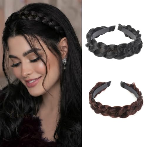 Image of Cerrito Synthetic Braided Hair Headband Set of 2 | Plaited Wig Band with Teeth Hairband For Woman | Elastic Headband For Ponytails, Bun & Juda | Hair Accessories for Women & Girls (Black, Brown)
