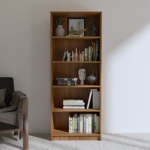 Image of NEUDOT Bravo Engineered Wood 5-Shelf Open Bookshelf Cabinet | Book Rack Organizer for Decor & Display | Floor-Standing Bookcase for Home, Office & Library | Leon Teak Finish