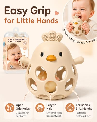 Image of Tinabless 2-in-1 Baby Teether Rattle Toy, Easy Grip Silicone Teething Toy for Babies 3-12 Months, BPA-Free Sensory Chew Toy for Sore Gums, Infant Shower Gift (Beige w /Rattle)