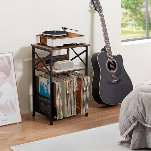 AMHANCIBLE Record Player Stand with Charging Station, Turntable Stand with Storage Cabinet, 3 Tier End Table Hold Up to 100 Albums, Record Table for Vinyl, Living Room, Rustic Brown, HETCD01BR-1 by AMHANCIBLE - Image 6