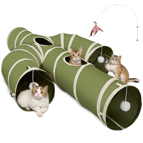 Image of Ownpets Cat Tunnel Large 12 inch Diameter, Cactus-Shaped Cat Tunnel Toy, Sturdy Oxford Fabric Collapsible Cat Tunnels for Indoor Cats, Interactive Peek Hole Pet Tunnel Tube with Cat Wand Toy, Green