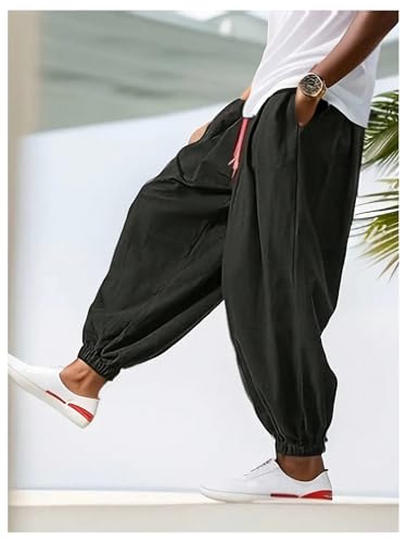 OYOANGLE Men's Baggy Jogger Pants Drawstring Waist Loose Fit Tapered Hippie Trousers4