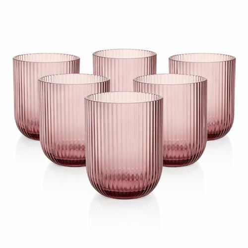 MECSAL CASALINGHI Set 6 Bicchieri Vetro Rigato 300 ml – Bicchieri Acqua e Cocktail Design Moderno, Bicchieri Colorati Eleganti per Tavola e Cucina, Resistenti Lavastoviglie, Tumbler in Vetro (Rosa)
