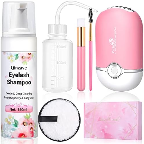 Qinzave 150ml Eyelash Extension Cleanser with USB Fan, Lash Shampoo for Extension with Makeup Remover Pad Rinse Bottle Mascara Brush Cleaning Brush,Paraben Sulfate Free Lash Shampoo for Salon Home Use
