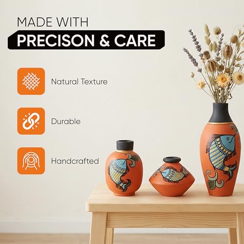 Image of Aakriti Art Creations Happy Fishes Vases Set of 3 in Orange | Hand-Painted Madhubani Art Terracotta Flower Vases | Matte Finish Decorative Vases for Living Room, Table Decor & Gifting