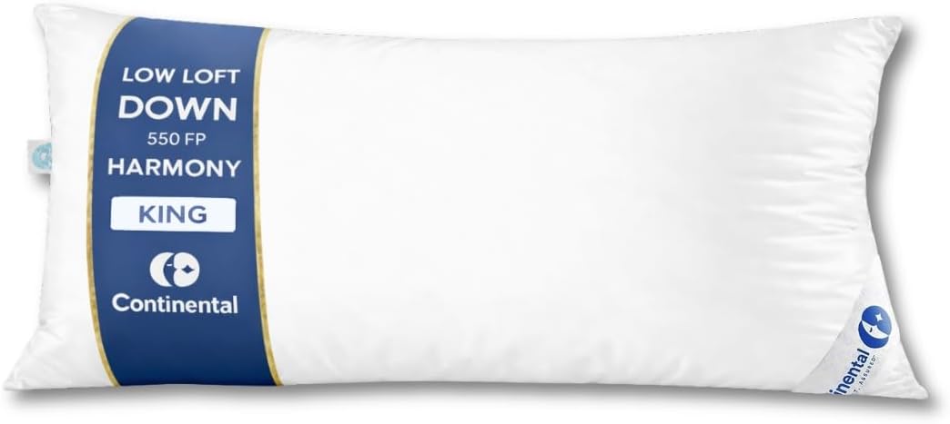 - Continental Bedding Harmony Collection 550 Fill Power Down Pillow, Soft, Medium, Firm Loft Options, 400 Thread Count 100% Cotton Shell, Fluffed, Reusable Storage Bag, Standard, Queen, King