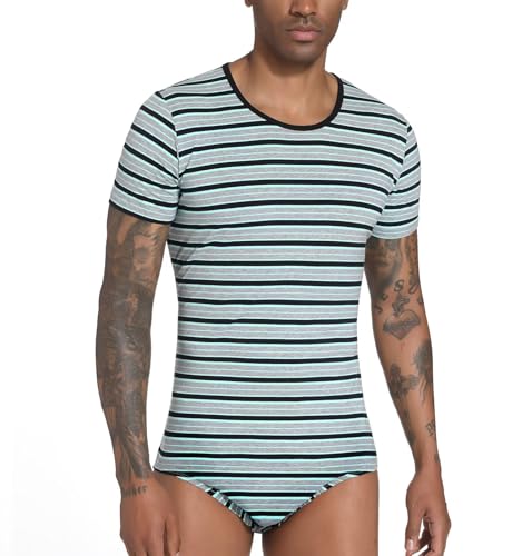 Men Short Sleeve Romper Pajama Bodysuit One Piece Rompers Stripe Onesie Leotard Top - Stripe Maker4