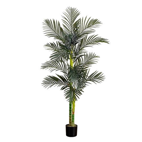 Image of Nearly Natural 6ft Golden Cane Palm Tree, Artificial Double Stalk with Lifelike Leaves, Bendable Branches, Includes Nursery Planter, Ideal for Indoor Decor, Vibrant Green