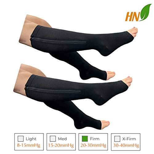 Image of HealthyNees 2 Set Open Toe 20-30 mmHg Compression Leg Calf Swelling Zipper Sock (2 Pairs Black, 5X-Large)