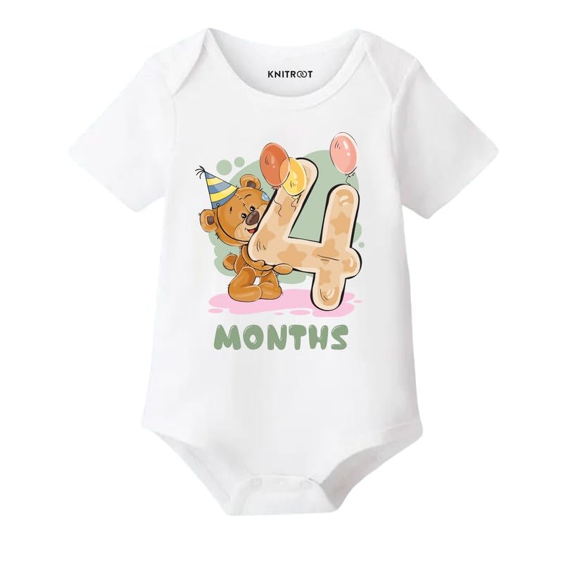 Image of Knitroot Monthly Birthday Teddy Special, Newborn Baby Half Sleeve Unisex Romper, Onesies, Sleepsuit, Body Suit, Envelope Neck, 1 to 12 Months Print, 0-12 Months, Infant Cloth for Boys & Girls