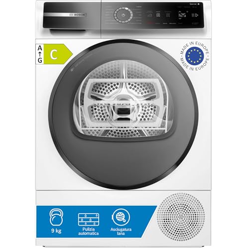 Bosch WQB245B0IT Serie 8 Asciugatrice smart a pompa di calore, 9 kg, Classe energetica C, Condensatore autopulente, Cestello per capi in lana, Sensori di asciugatura intelligenti, Bianco, 60 Cm