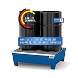  DENIOS Auffangwanne aus Stahl  mit Gitterrost und Stellfüßen  blau  BxHxT 635 x 278 x 785 mm  Volumen 65 Liter  2 Fässer  Arbeitssicherheit Notfall-Umweltschutz-Produkte säurefest