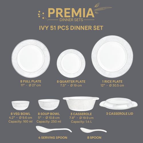 Image of Larah by Borosil 51pc Opalware Ivy Dinner Set for Family of 8 | Microwave & Dishwasher Safe Crockery Set for Dining & Gifting | Plates & Bowls