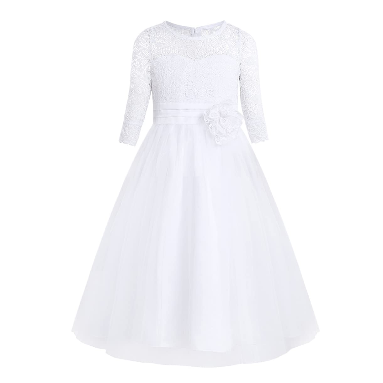 FEESHOW Kids Flower Girls Dress Floral Lace Communion Wedding Dress for Bridesmaid Ballroom Prom Party Pageant Evening Gowns White 10 Years