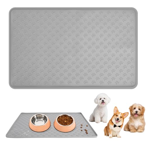 Tappetino in silicone per cani, 48 x 30 cm, antiscivolo, con bordo rialzato e pettine per la cura, impermeabile, per ciotola per cani e ciotola per gatti, facile da pulire e pieghevole
