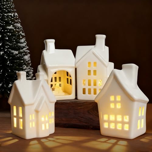 Weihnachtsdorf Deko Keramik 15 4 Stück Keramik Häuser Weihnachten Set, Weihnachtsdeko Beleuchtet...