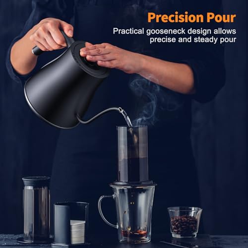 Ulalov Electric Gooseneck Kettle Temperature Control Ultra Fast Boiling Hot Water Kettle 100% Stainless Steel Leak-Proof Design, Auto Shutoff Anti-dry Protection, 1200W-0.8L, Matte Black