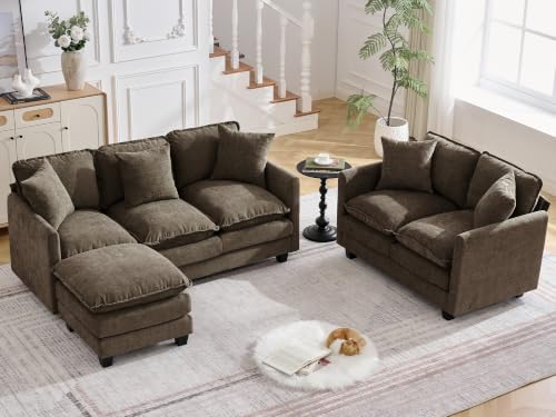 Cloud 3 Pieces Sofa Set, 2+3 Seater Couch+1 Ottoman, Modern Sofas Sets with Deep Seat, Modular Sectional Couches Sets for Living Room, Bedroom, Small Apartment, Brown
