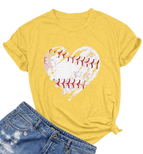 Baseball Shirts Women Baseball Mom Tshirt Baseball Heart Graphic Tee Game Day Gifts Funny Short Sleeve Tops Yellow