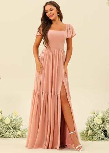 SEIM Women's Flutter Sleeve Bridesmaid Dresses with Slit Long Square Neck Chiffon Formal Dress SE9803