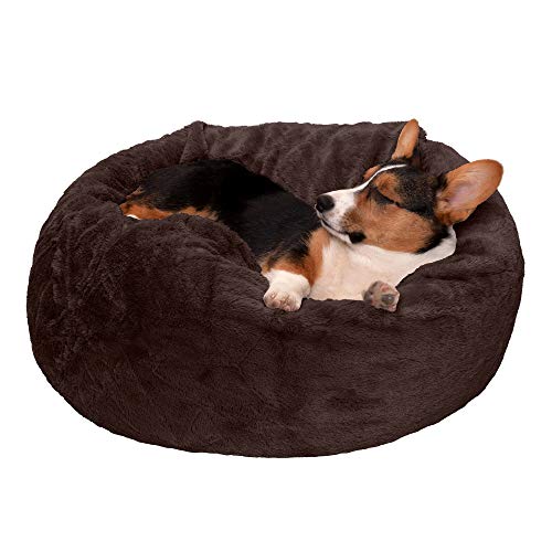 Furhaven Soft & Cozy Dog Bed for Medium/Small Dogs Refillable w/ Removable Washable Cover & Liner For Dogs Up to 35 lbs - Plush Faux Fur Bean Bag Style Ball Bed - Espresso Medium