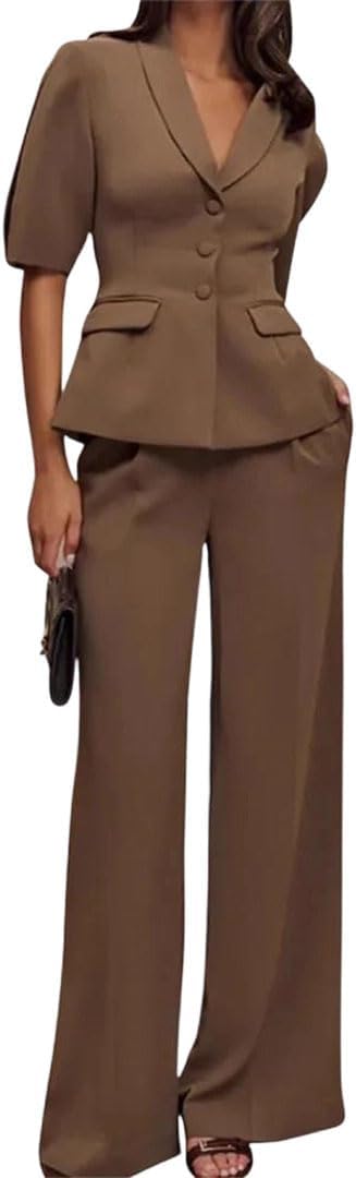 Women Lapel Blazer Top Wide Leg Pants Office Two Piece Suit Sets