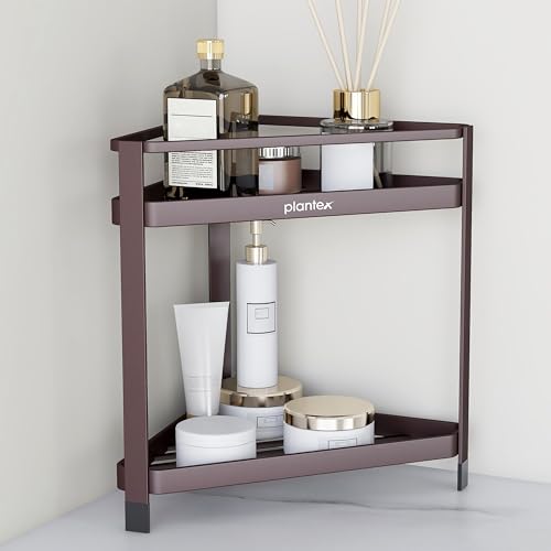 Plantex Bathroom Organiser Stand/Carbon Steel Bathroom Corner Shelf/2 Tier Corner Freestanding Shelf/Multipurpose Rack for Home - Pack of 1 (Brown)