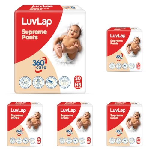 Image of LuvLap Supreme Diaper Pants New Born (NB) 0 to 5kg, 30pcs, 360 skin care with 10 million breathable pores, Aloe Vera for superior Rash prevention, upto 12hr protection, 5 layer super light core