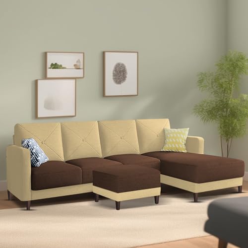 Image of Baloney RHS 6 Seater L Shape Sofa Set with Center Table for Living Room (Cream Brown Fabric) Premium Fabric Sofa