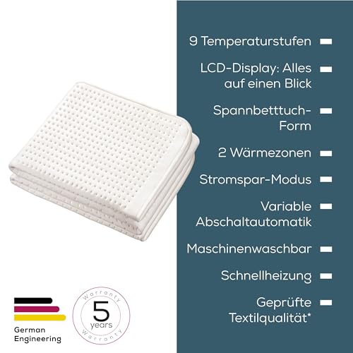 Beurer UB 101 Cosy Wärmeunterbett, Wärmebettunterlage für Einzelbett, 198 x 92 cm, Matratzenheizung mit 2 Wärmezonen, variable Abschaltautomatik, 9 Temperaturstufen, ECO-Modus, waschbar