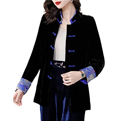Women Chinese Velvet Tang Suit Hanfu Jacket Embroidery Chinese Traditional Clothing, Vintage Oriental Cotton Coat Black-L