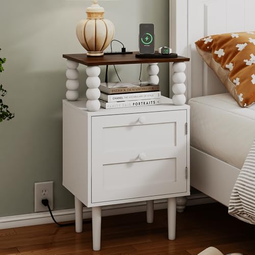 Image of Veegle White Nightstand with Charge Station,Modern Bedside Table with Storage Drawer and Open Wood Shelf, for Bedroom and Small Spaces,Night Stand with Solid Wood Legs (White)
