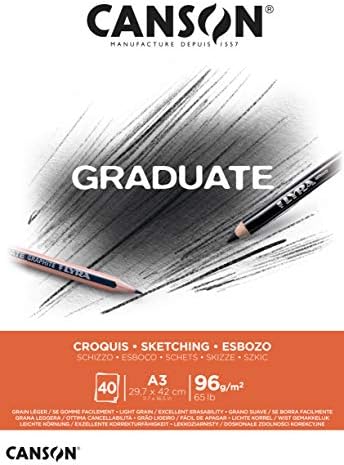 CANSON Graduate Sketch 96gsm A3 Paper, Light Grain, Pad Glued Short Side, 40 Natural White Sheets, Ideal for Student Artists