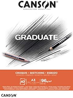 CANSON Graduate Sketch 96gsm A3 Paper, Light Grain, Pad Glued Short Side, 40 Natural White Sheets, Ideal for Student Artists