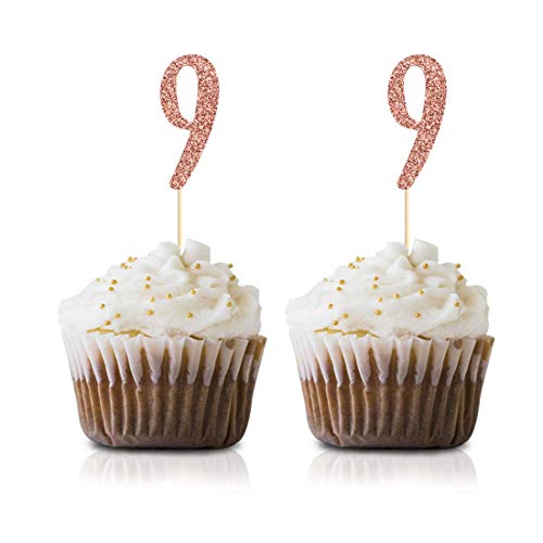 Rose Gold 9Th Birthday Cupcake Topper, 24-Pack Number 9 Glitter Happy Birthday Party Cupcake Toppers, Decorations #TOP21