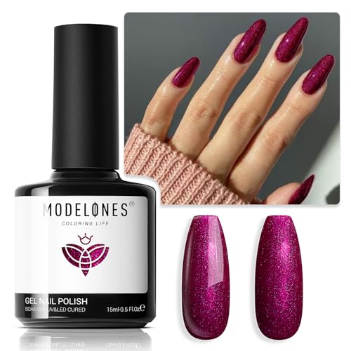 Image of modelones Red Gel Nail Polish, 15 ML Chameleon Purple-Pink Gel Polish Holographic Nail Polish Red Shimmer Glitter Gel Polish Soak Off LED Winter Nail Art Gel DIY Salon Gift for Women